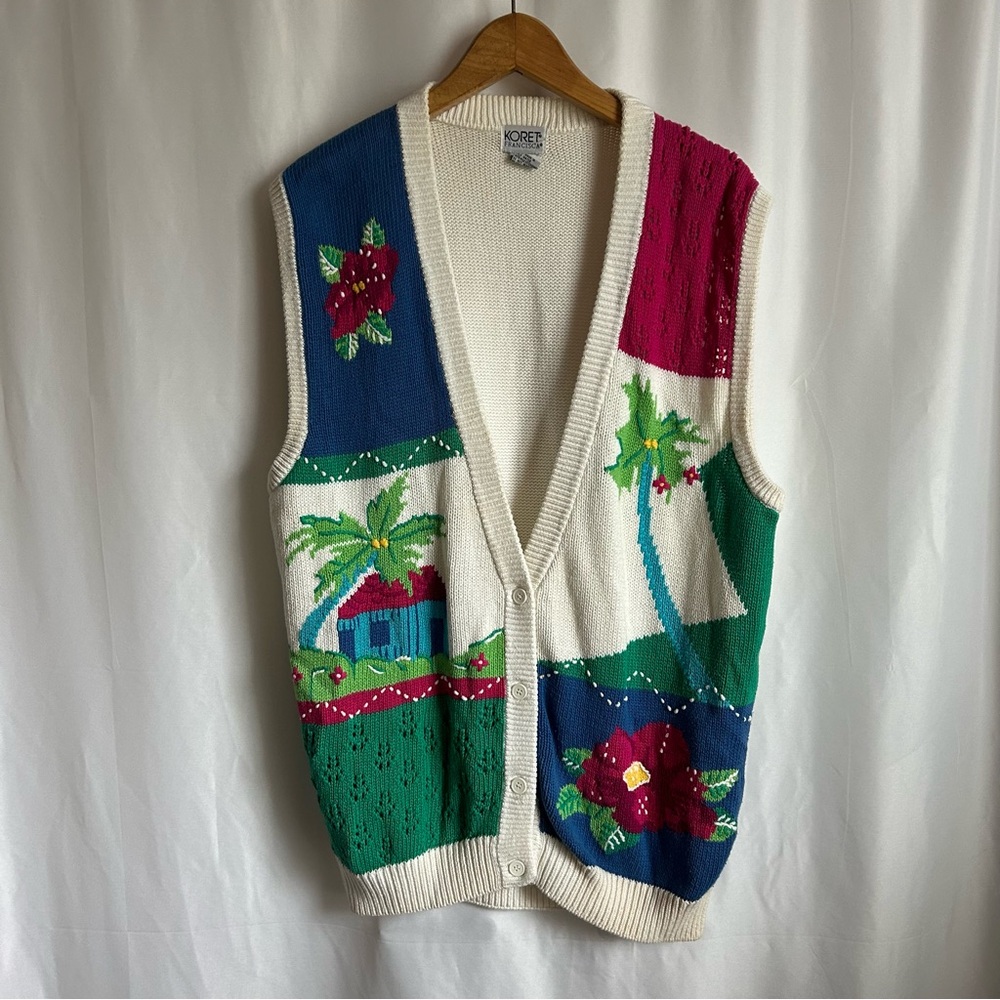 Koret vintage white knit tropical button front sweater vest